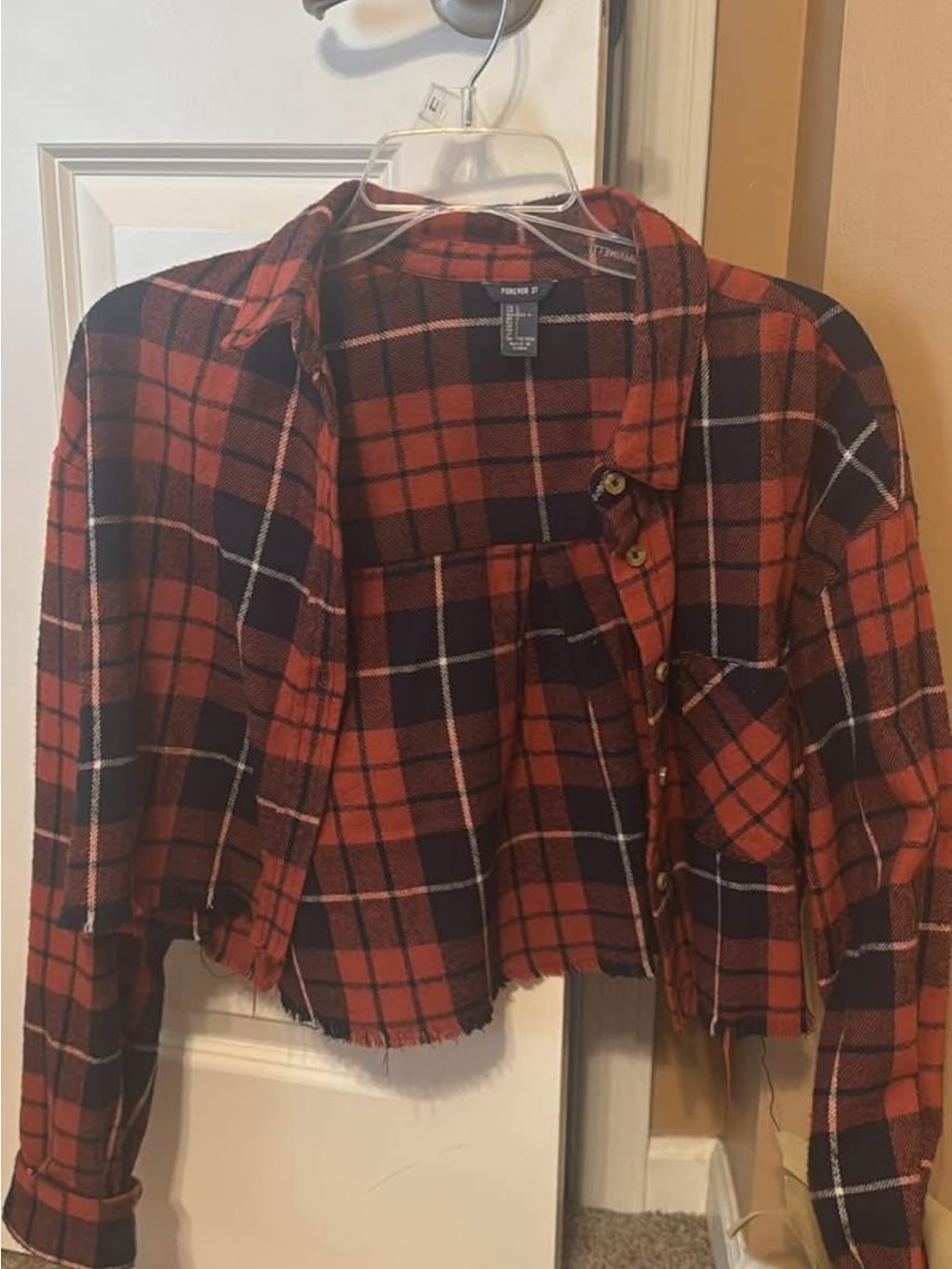 Forever 21 Red & Black Plaid Cropped Flannel Jacket